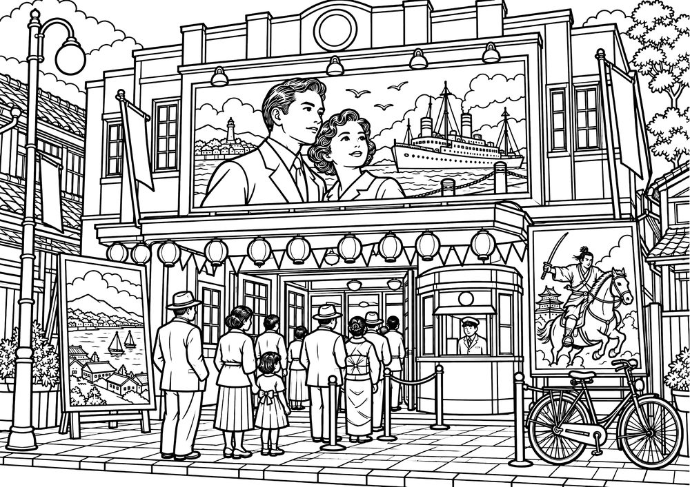 昭和の映画館と手描き看板 塗り絵