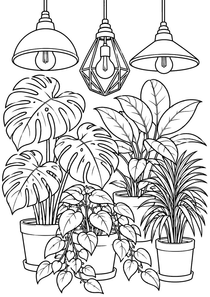 観葉植物とペンダントライト 塗り絵