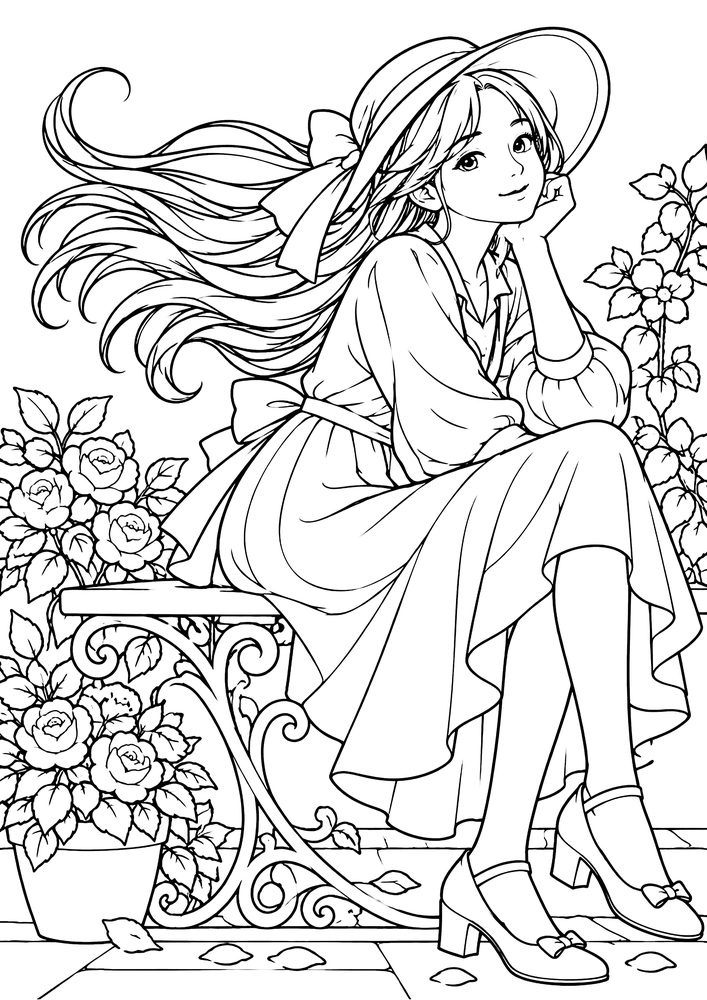 花咲く庭の少女 塗り絵