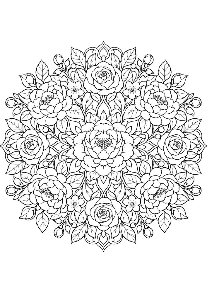 薔薇と牡丹の曼荼羅 塗り絵