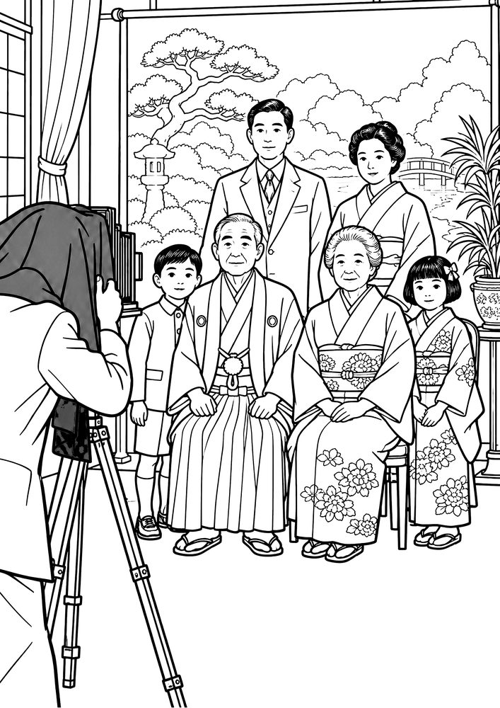 写真館の家族写真 塗り絵