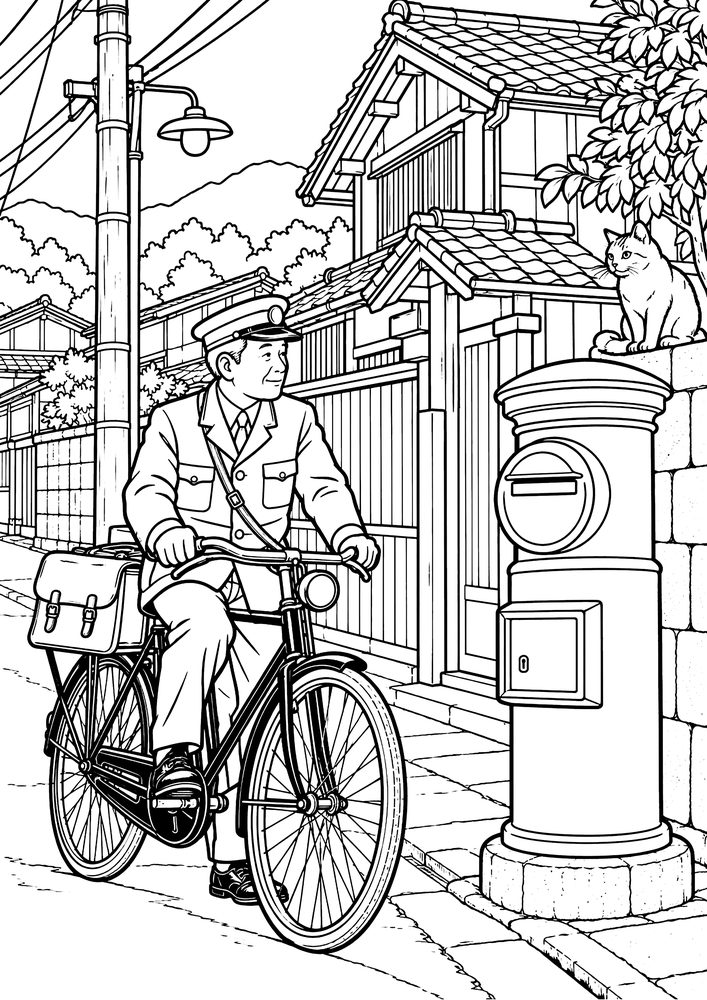 丸ポストと郵便屋さん 塗り絵