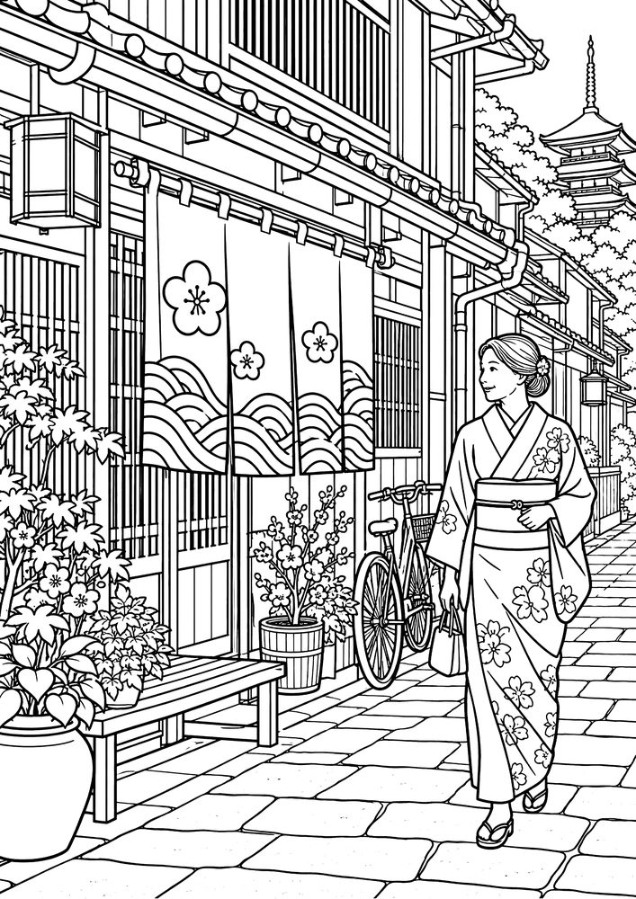 藍染めの暖簾の町家 塗り絵