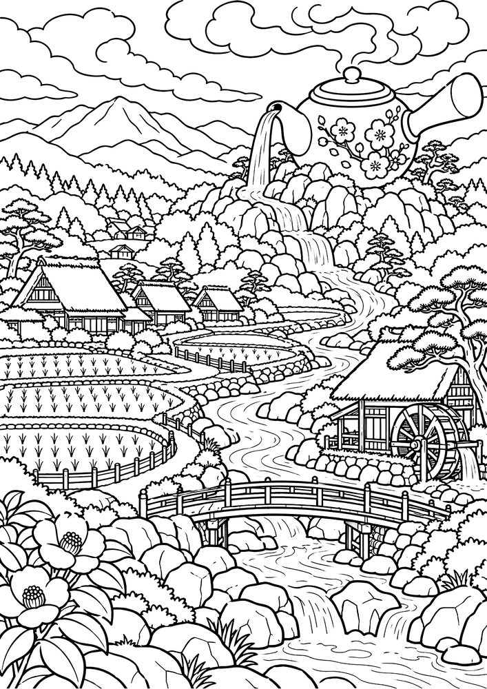 急須から流れる川と村 塗り絵