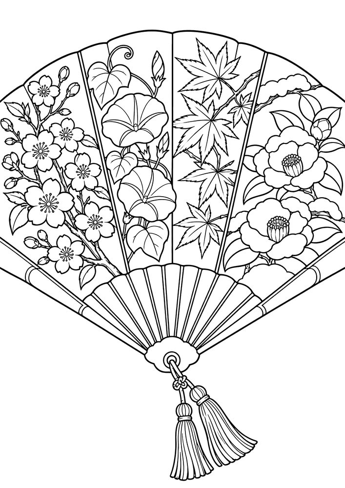 扇子の中の四季 塗り絵