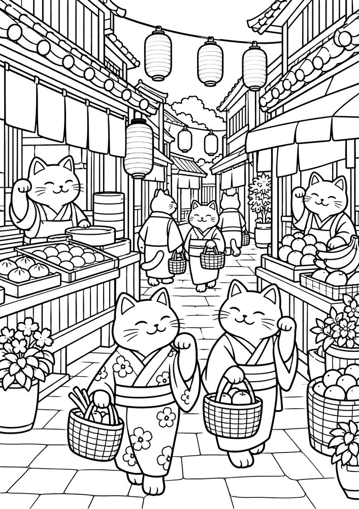 招き猫の商店街 塗り絵