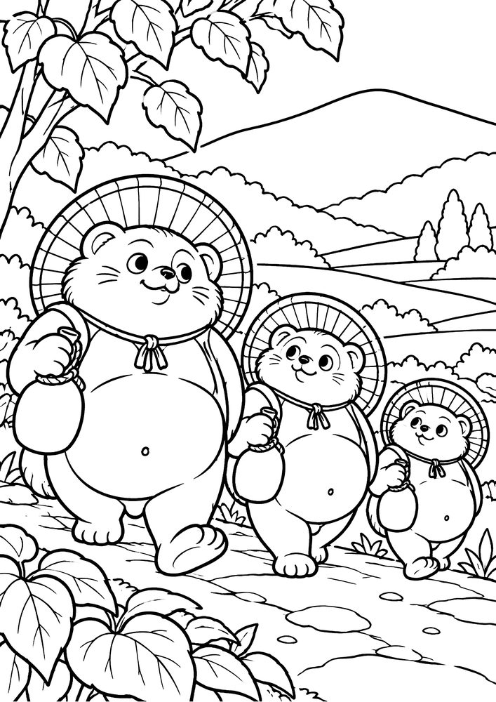 信楽焼たぬきの行列 塗り絵