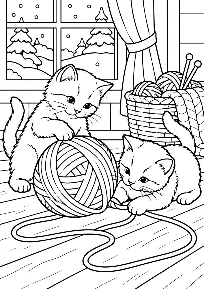毛糸玉で遊ぶ子猫 塗り絵