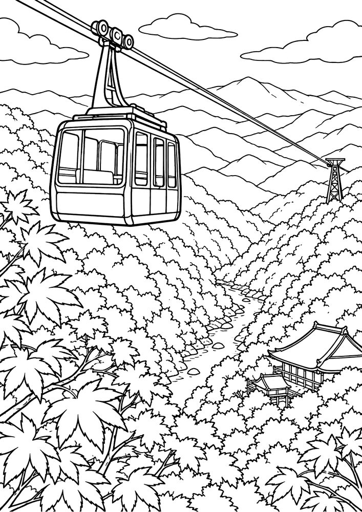 紅葉の山のロープウェイ 塗り絵