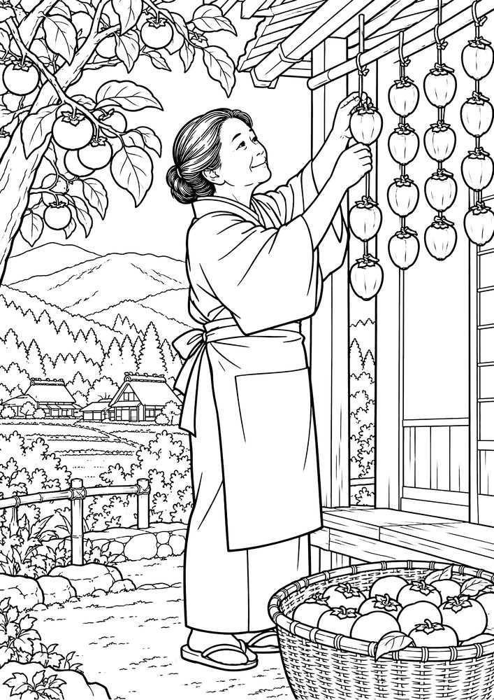 干し柿を吊るす女性 塗り絵