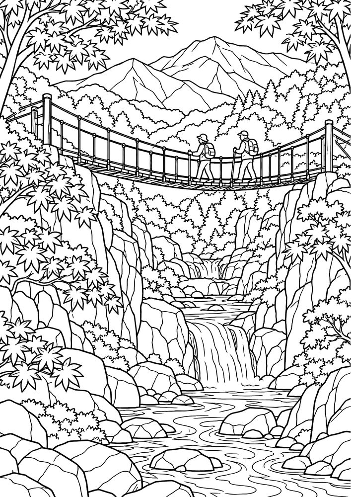 紅葉の渓谷と吊り橋 塗り絵