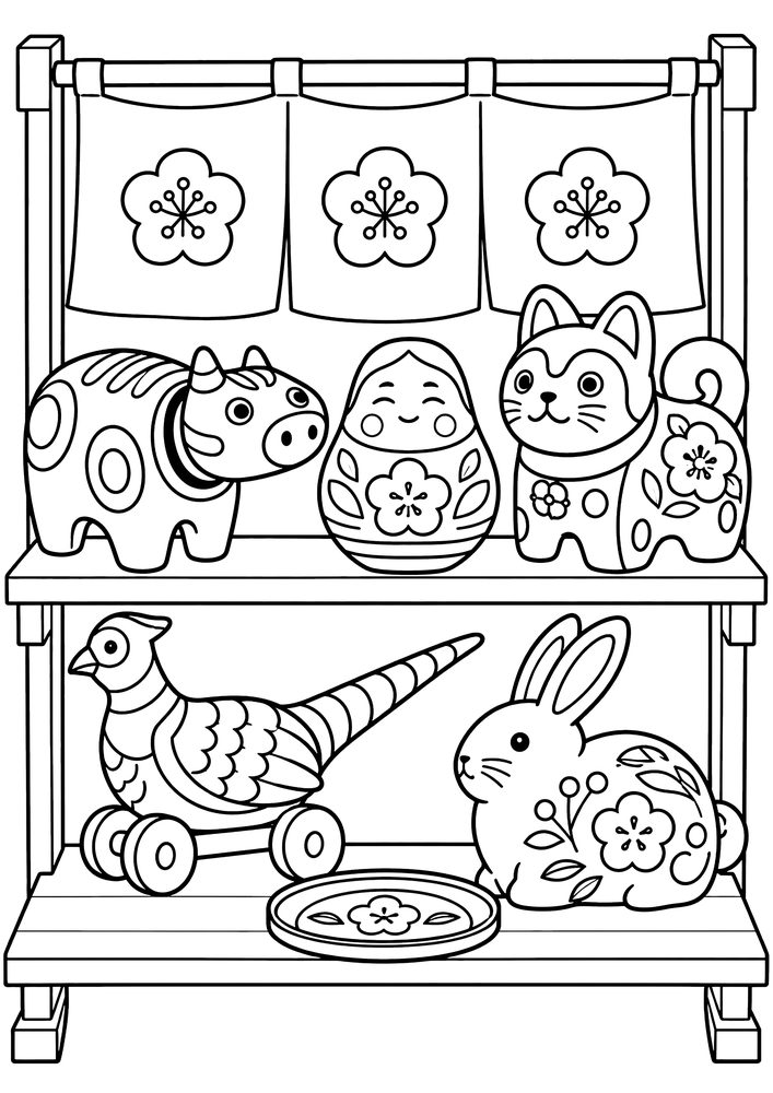 郷土玩具の飾り棚 塗り絵